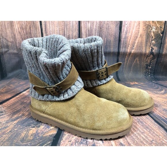 UGG Cambridge Knit Chestnut Suede Belted Boots Sheepskin Womens 9 (v4m) - Picture 4 of 11